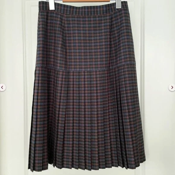 Navy Blue Wool Plaid Midi Skirt (29'') - Picture 3 of 7